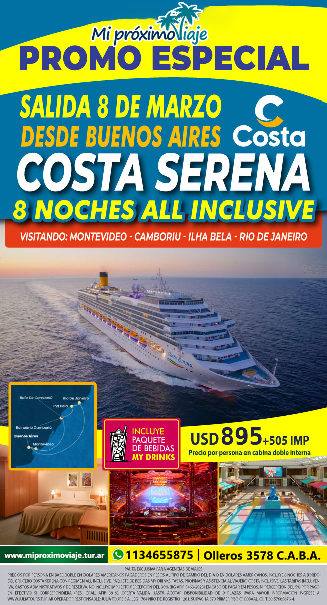 PROMO ESPECIAL COSTA SERENA - SALIDA 8 de MARZO DESDE BUENOS AIRES